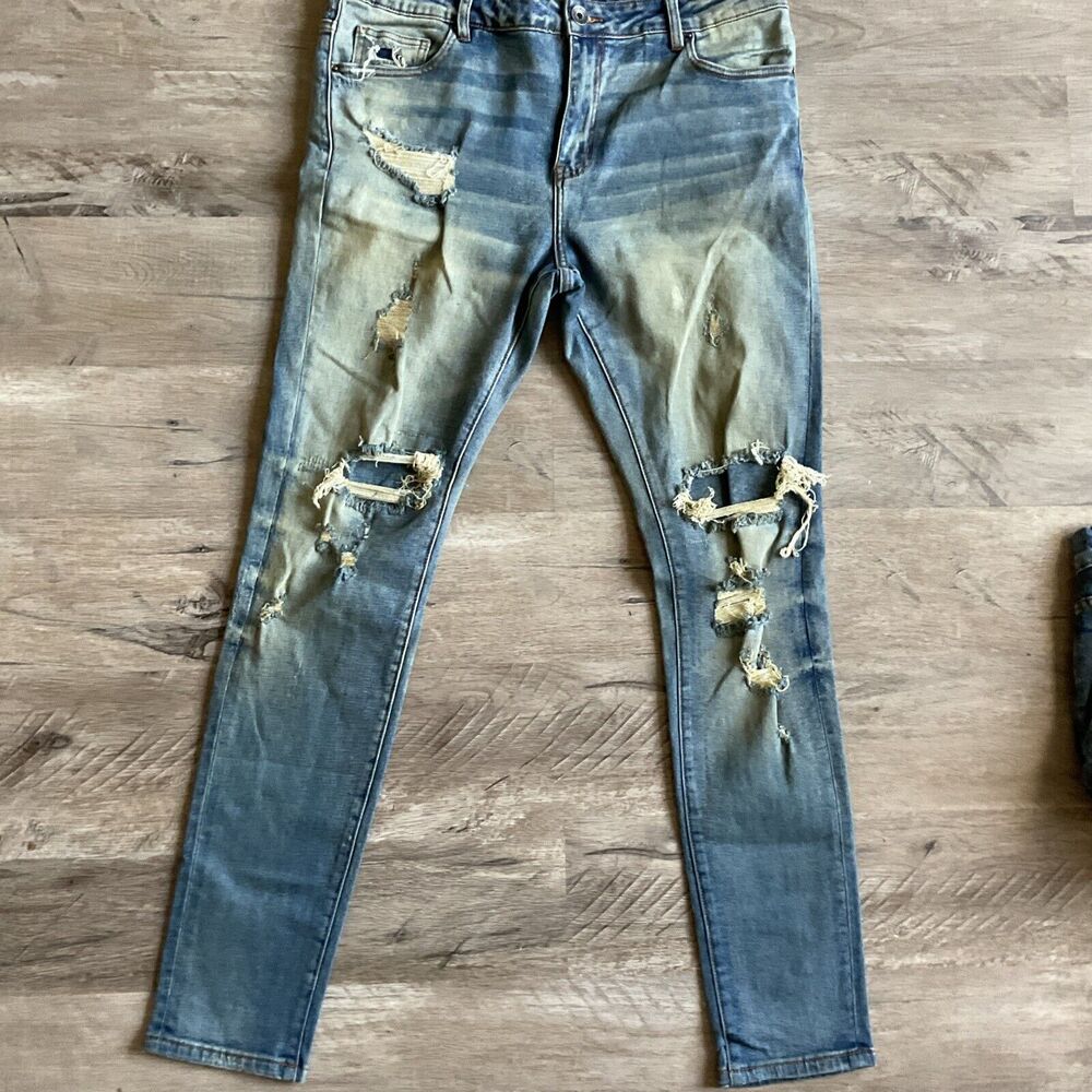 Crysp Mens Skinny Jeans 36x32 Blue Stonewashed Distressed Stretch Denim